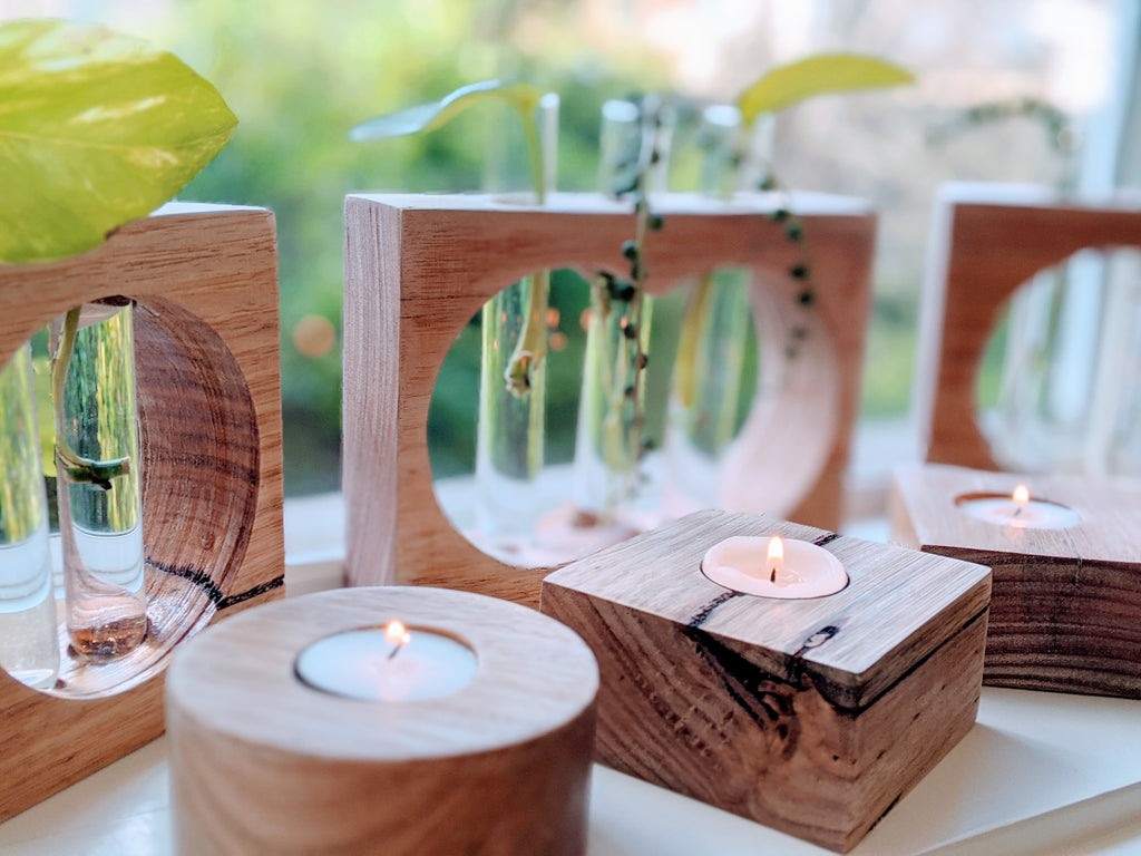 A collection of propagation stations and tealight holders from Crafty Palms. Crafted from the finest Tasmanian Oak or other various recycled hardwoods in our very own Crafty Palms workshop. Presented on a natural background.
